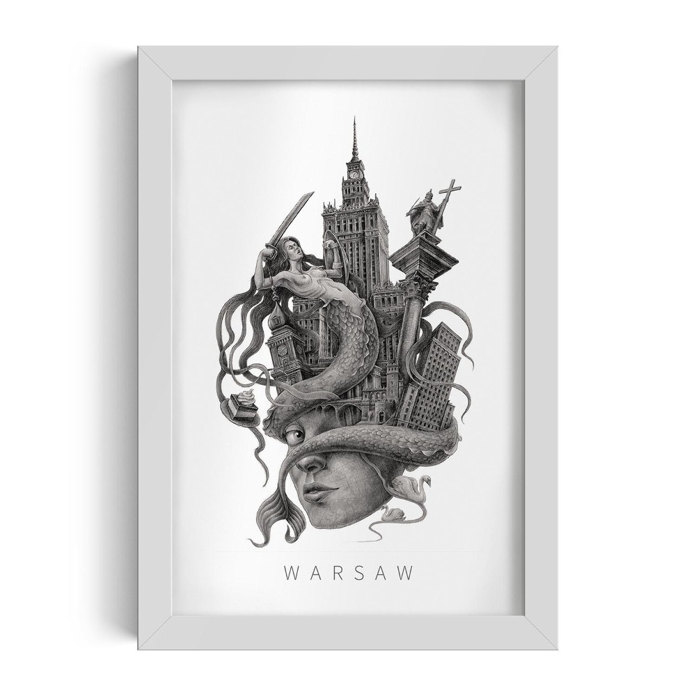 Tablou cu rama alba Varșovia Alb-Negru
