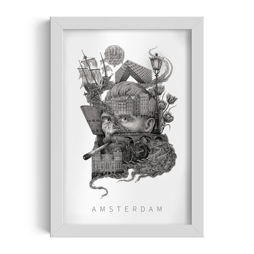 Tablou cu rama alba Amsterdam Alb-Negru
