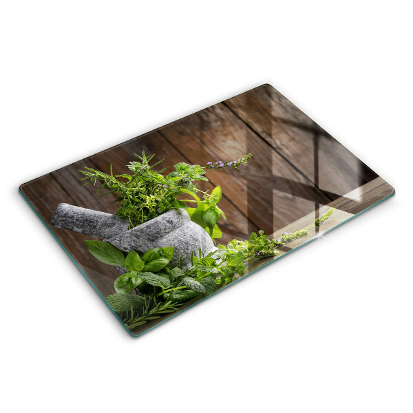 Tocător din sticlă modern Plante, ierburi și lemn 80x52 cm