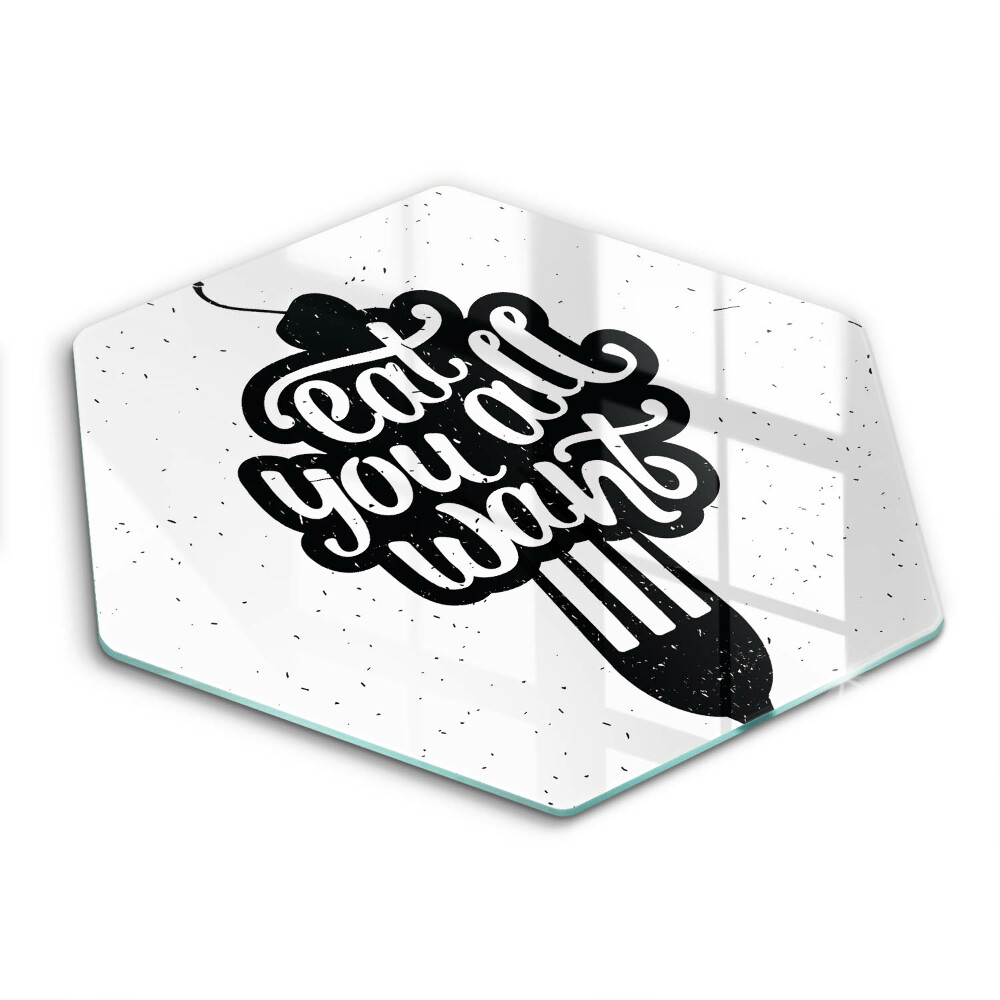 Tocător din sticlă hexagonal Inscripția „Mănâncă ce vrei cu toții”