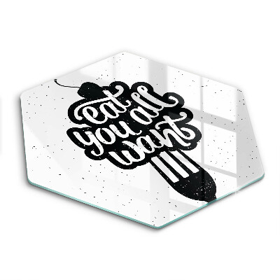 Tocător din sticlă hexagonal Inscripția „Mănâncă ce vrei cu toții”