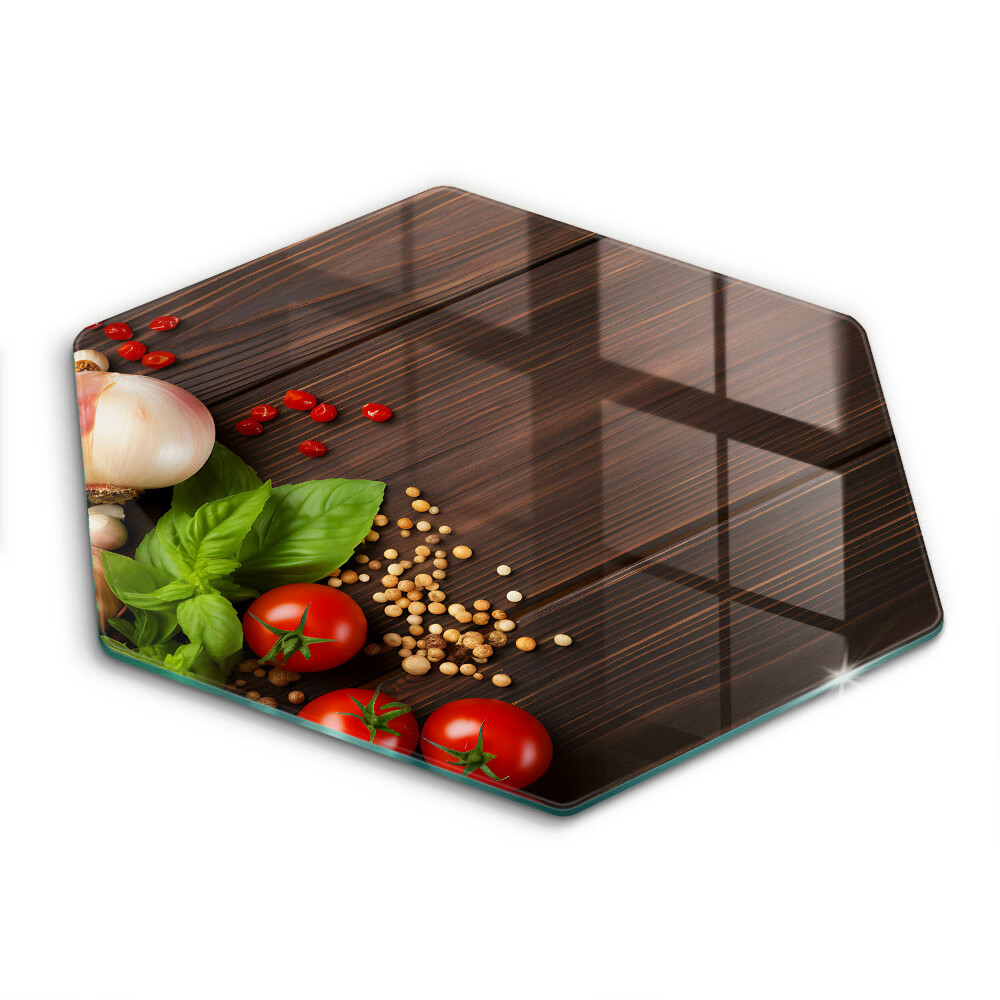 Tocător din sticlă hexagonal Legume pe masă