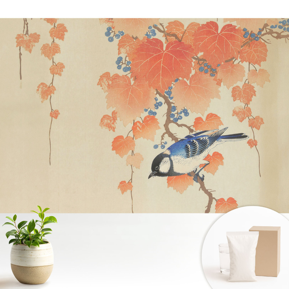 O pasăre pe o creangă de viță cu fructe de pădure