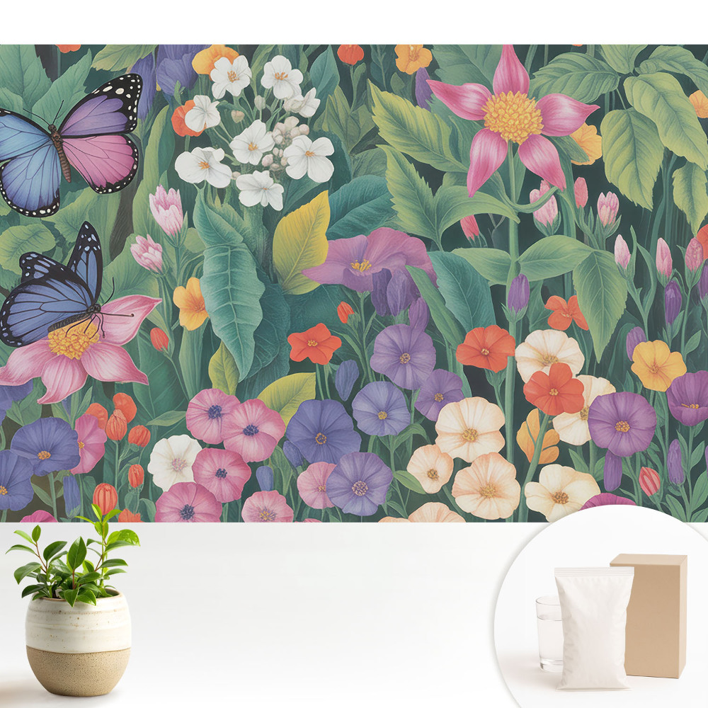 O pajiște colorată, plină de flori și fluturi.