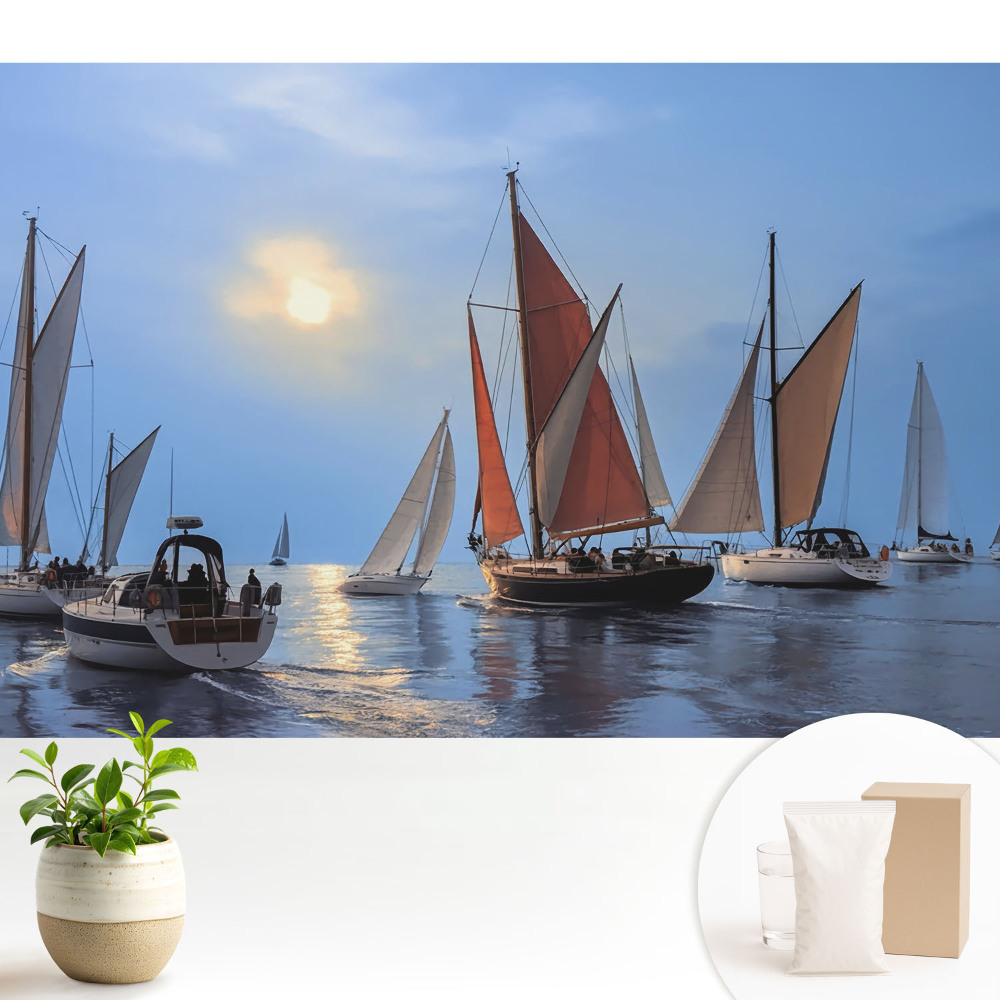 Iahturi și apus de soare pe o mare calmă