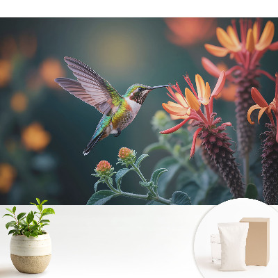 Colibri printre plante cu flori