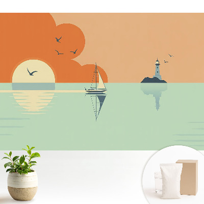 O barcă cu pânze și un far pe fundalul unui răsărit de soare