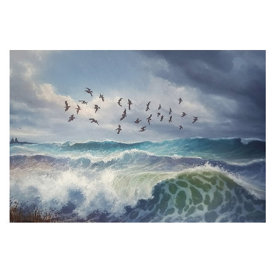 Grup de păsări în zbor deasupra valurilor mării