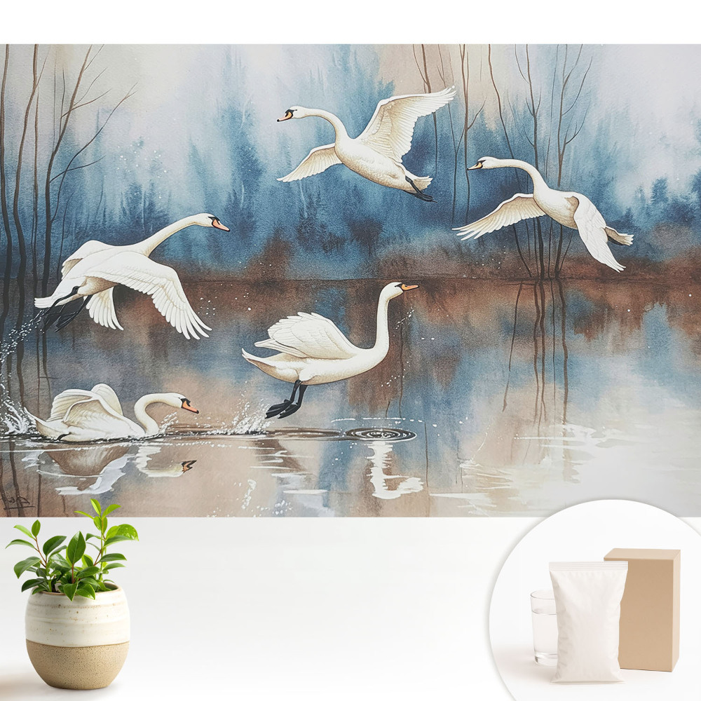 Lebede pe un lac într-o pădure încețoșată