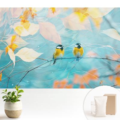 Păsări pe o creangă cu accente de frunze.