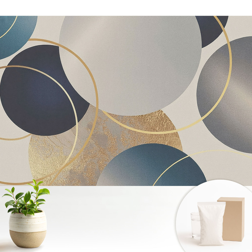 Motive geometrice circulare în tonuri gri-albastrui.