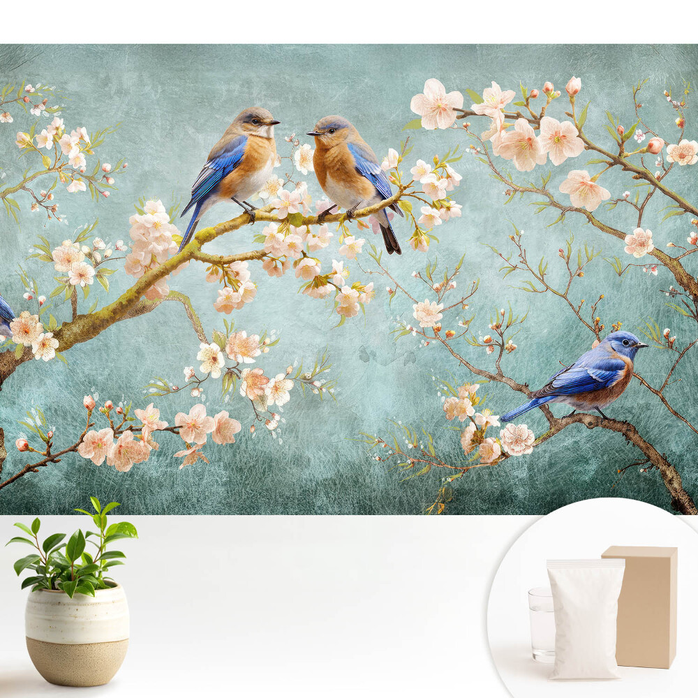 Păsări pe ramuri înflorite model pastel