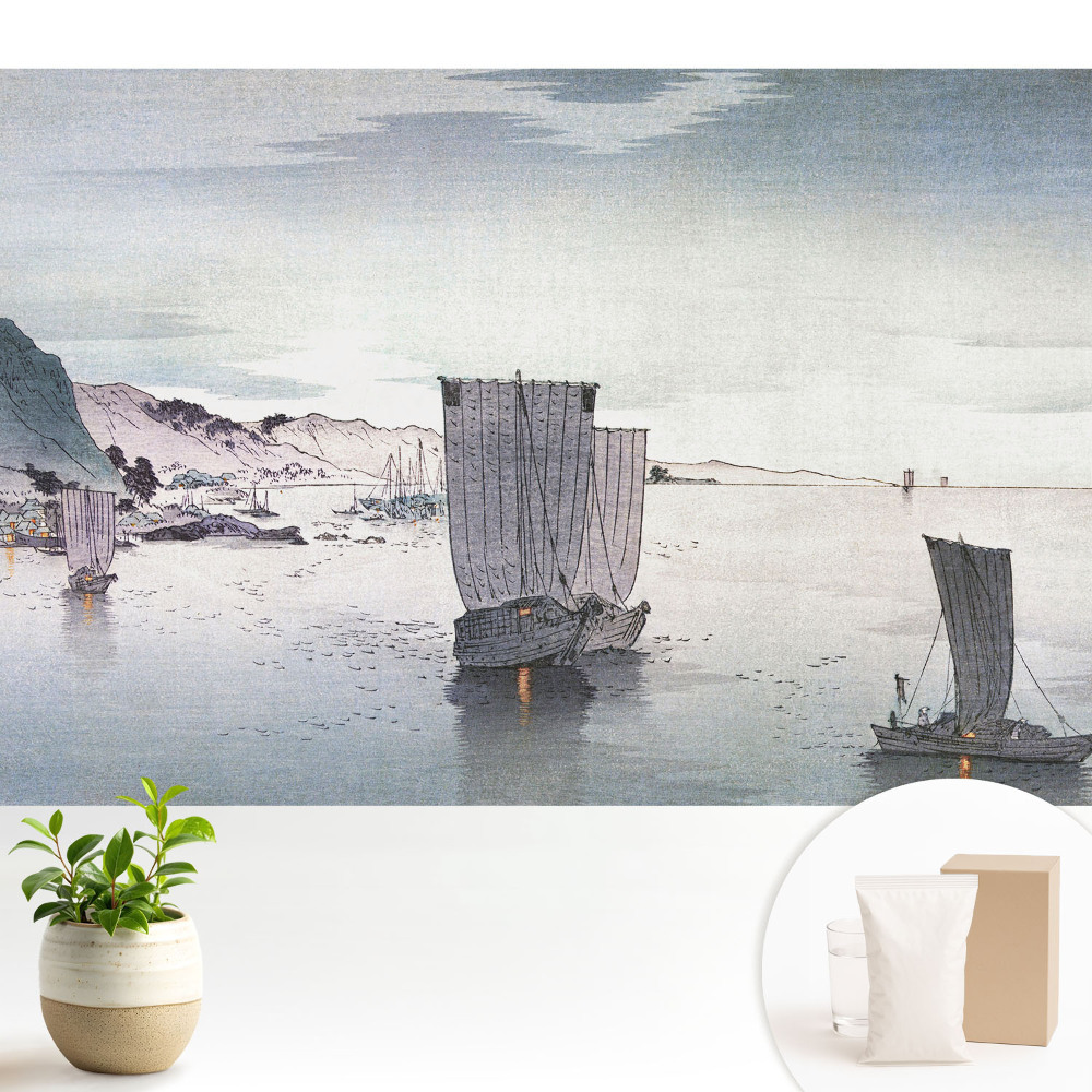 Bărci cu pânze pe o întindere calmă de apă printre dealuri