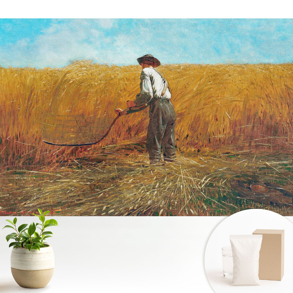 Un fermier într-un câmp de grâu sub un cer albastru