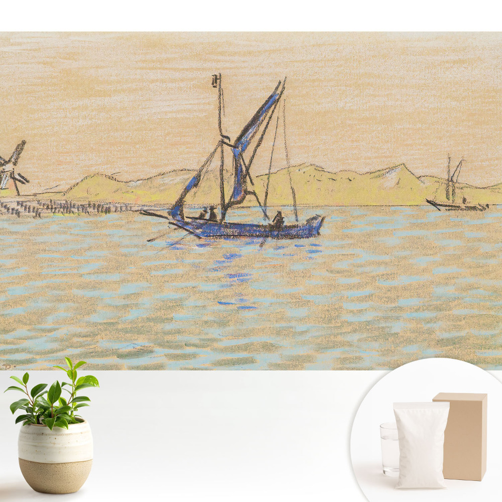 Peisaj pastel cu moară de vânt cu barcă