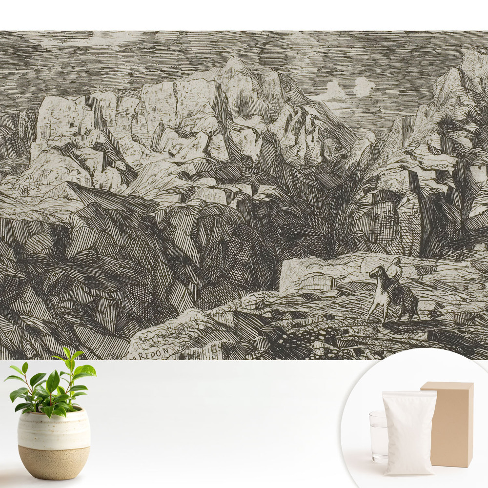 Grafică clasică, roci brute, figură cu un măgar