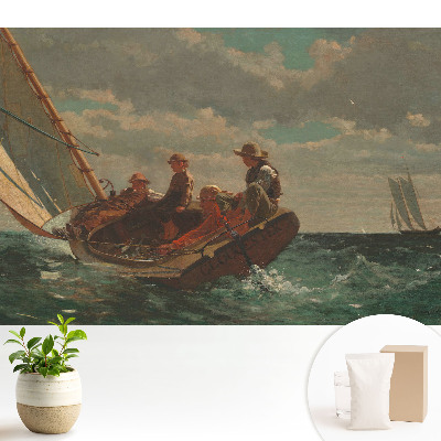 O barcă pe o mare furtunoasă cu un grup de oameni