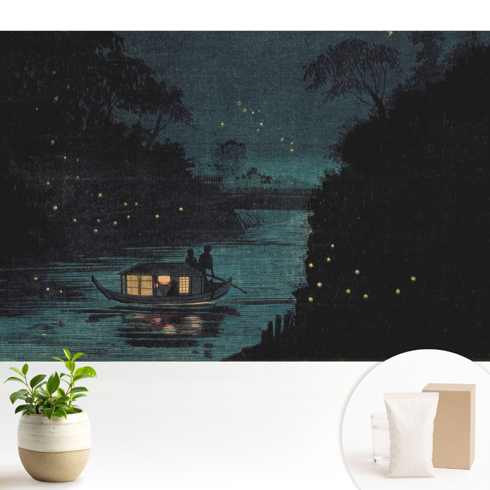 O barcă nocturnă înconjurată de licurici