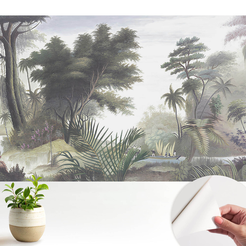 Junglă luxuriantă cu o barcă pe râu