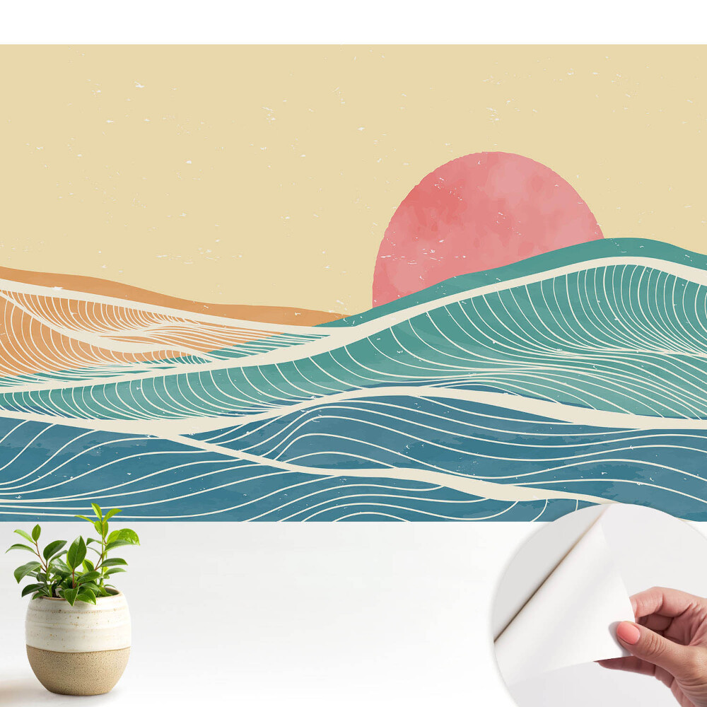 Valuri de mare și soare roz abstract