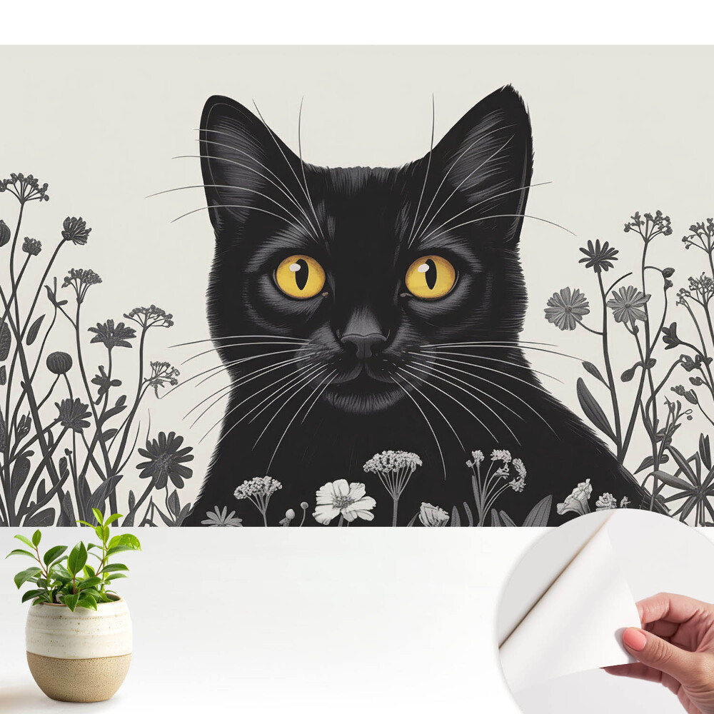 O pisică neagră cu ochi galbeni printre flori