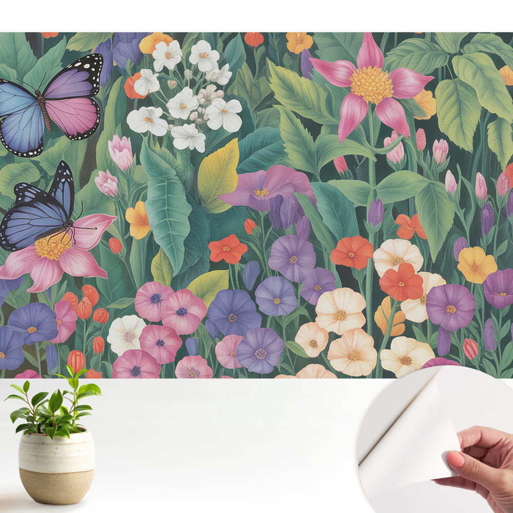 O pajiște colorată, plină de flori și fluturi.