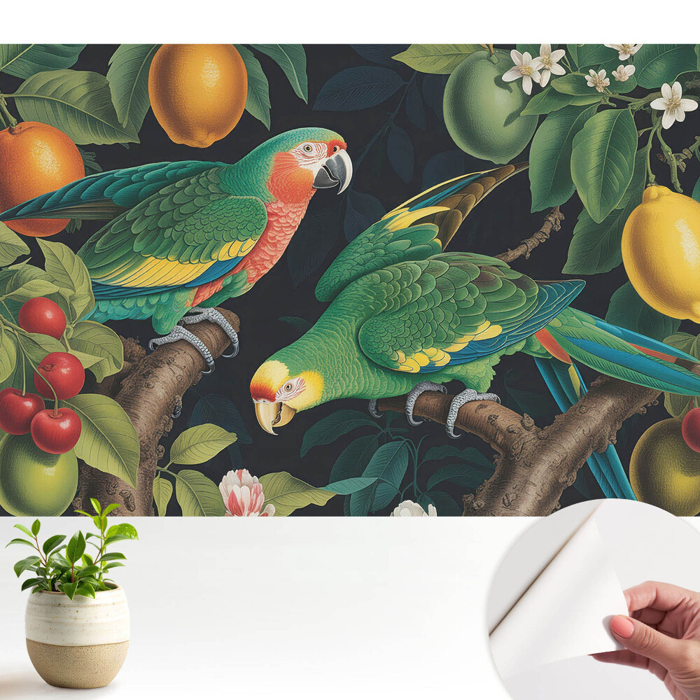 Motiv exotic cu papagali și fructe