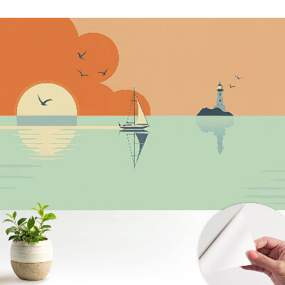 Pânză pictată cu o barcă și un far pe fundalul unui răsărit de soare