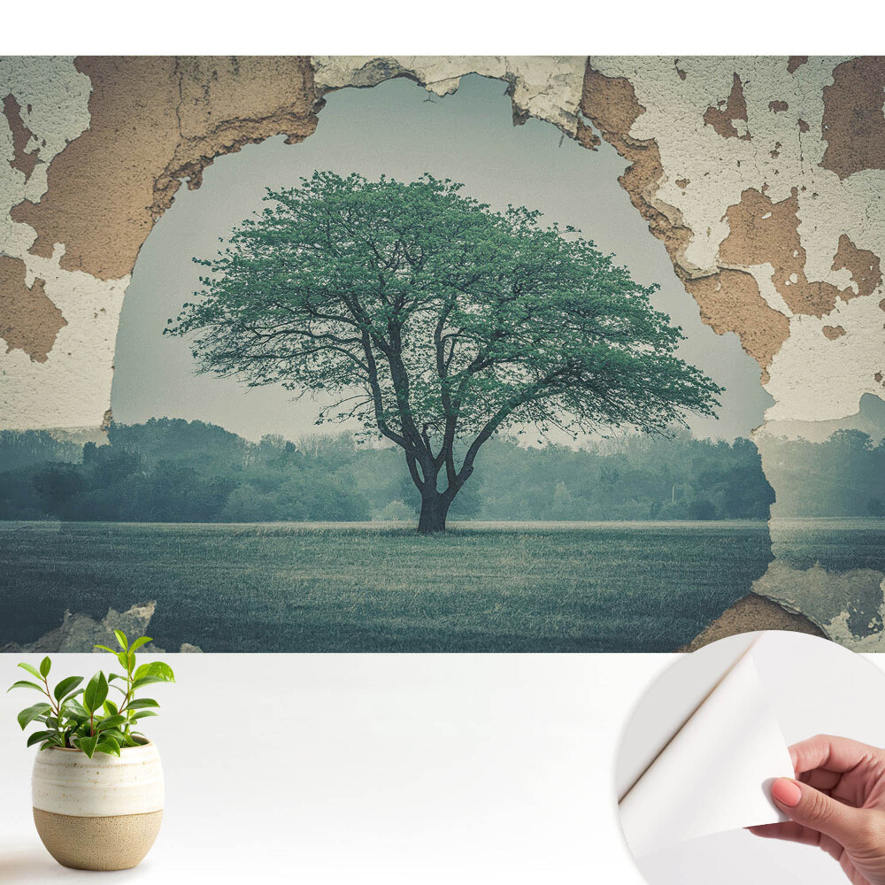 Motiv nostalgic al unui copac pe fundalul unui zid vechi