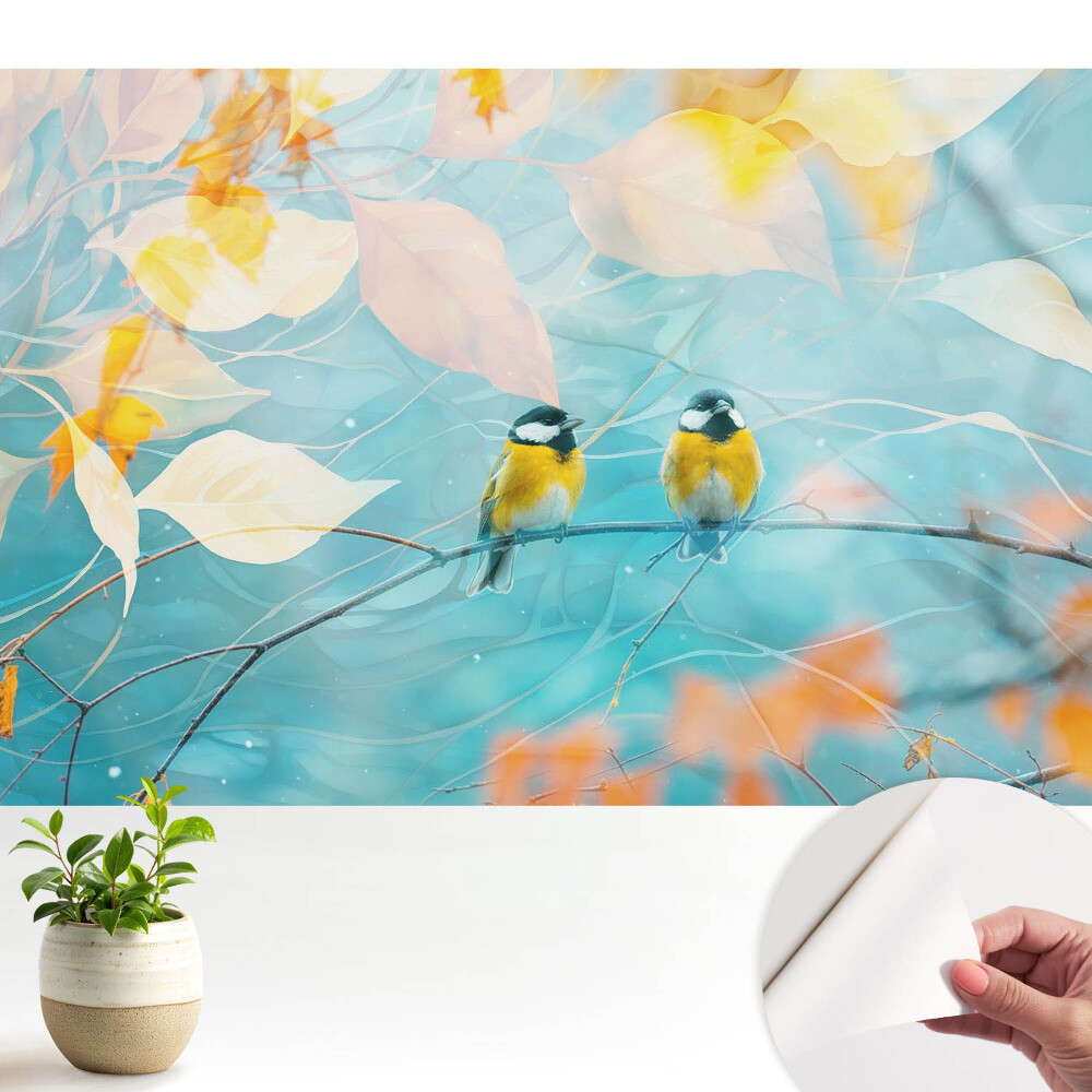 Păsări pe o creangă cu accente de frunze.