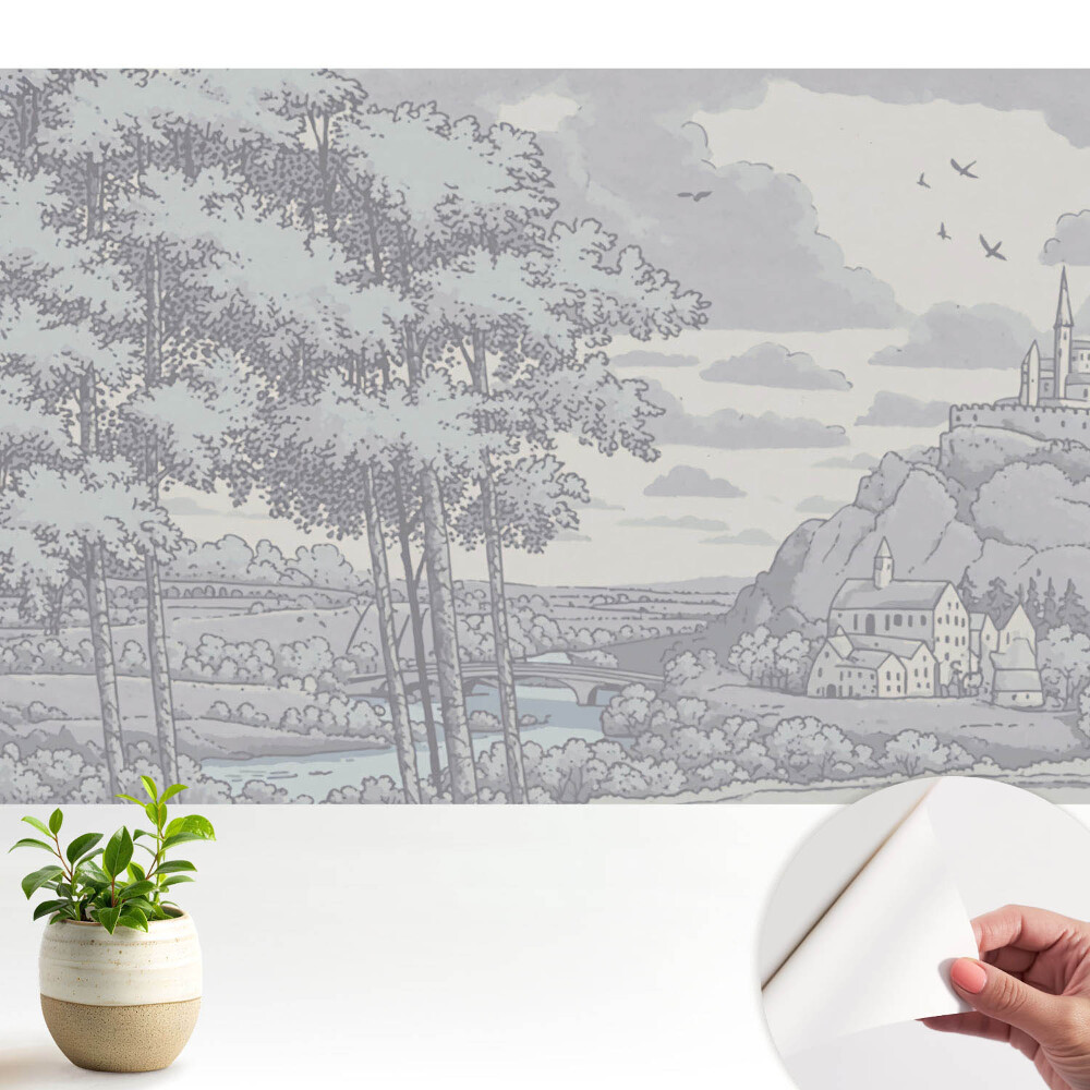 Castel și peisaj cu pădure și râu, ilustrație clasică