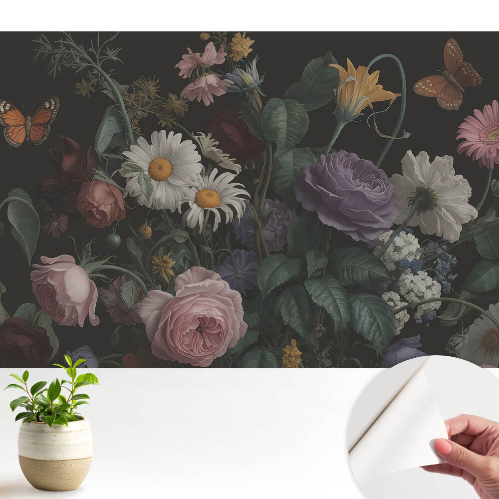 Buchet floral cu fluturi pe fundal închis