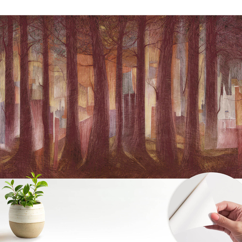 O pădure cu clădiri abstracte în fundal