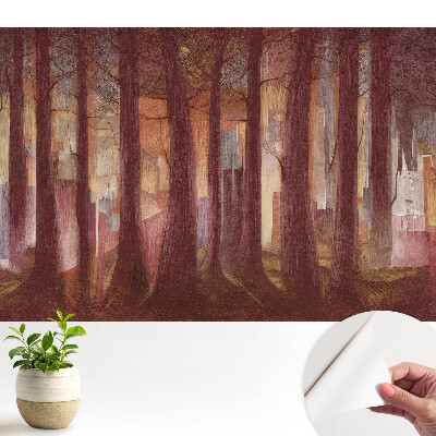 O pădure cu clădiri abstracte în fundal