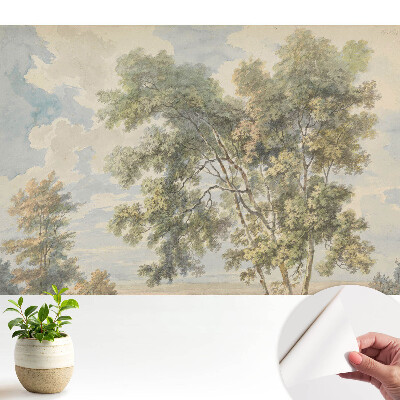 Un tablou cu un peisaj liniștitor de copaci și cer