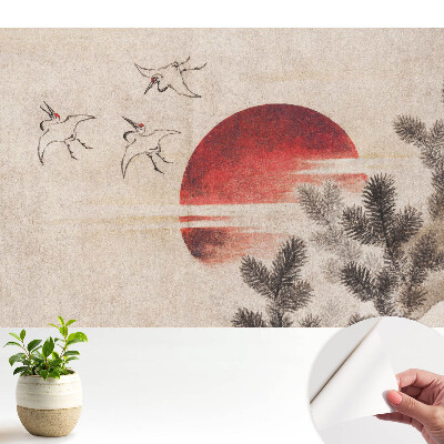 Trei păsări și soarele pe fundalul copacilor coniferi