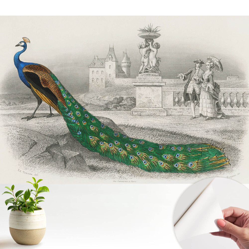 Un păun într-o grădină cu figuri baroce