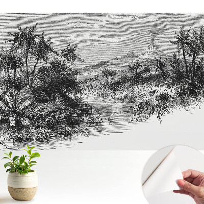 Gravură tropicală cu un vulcan