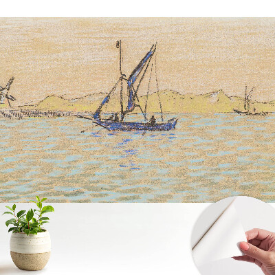 Peisaj pastel cu moară de vânt cu barcă