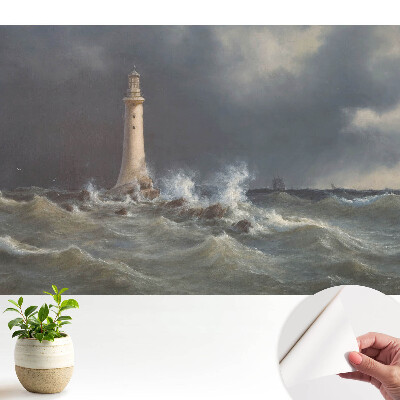 Mare furtunoasă cu far și navă în depărtare