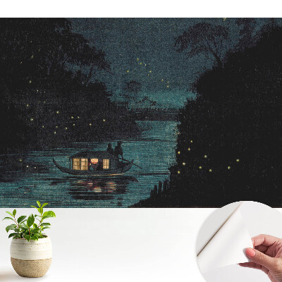 O barcă nocturnă înconjurată de licurici