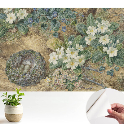 Flori de primula cu un cuib de pasăre