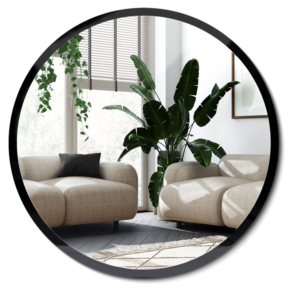 Oglinda rotunda de perete tip mansardă într-o ramă neagră