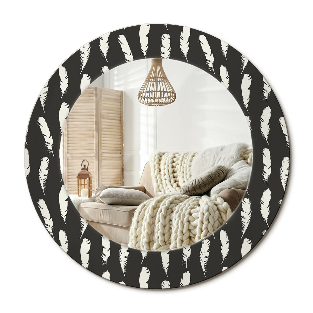 Oglinda rotunda cu rama imprimata Pene albe și negre