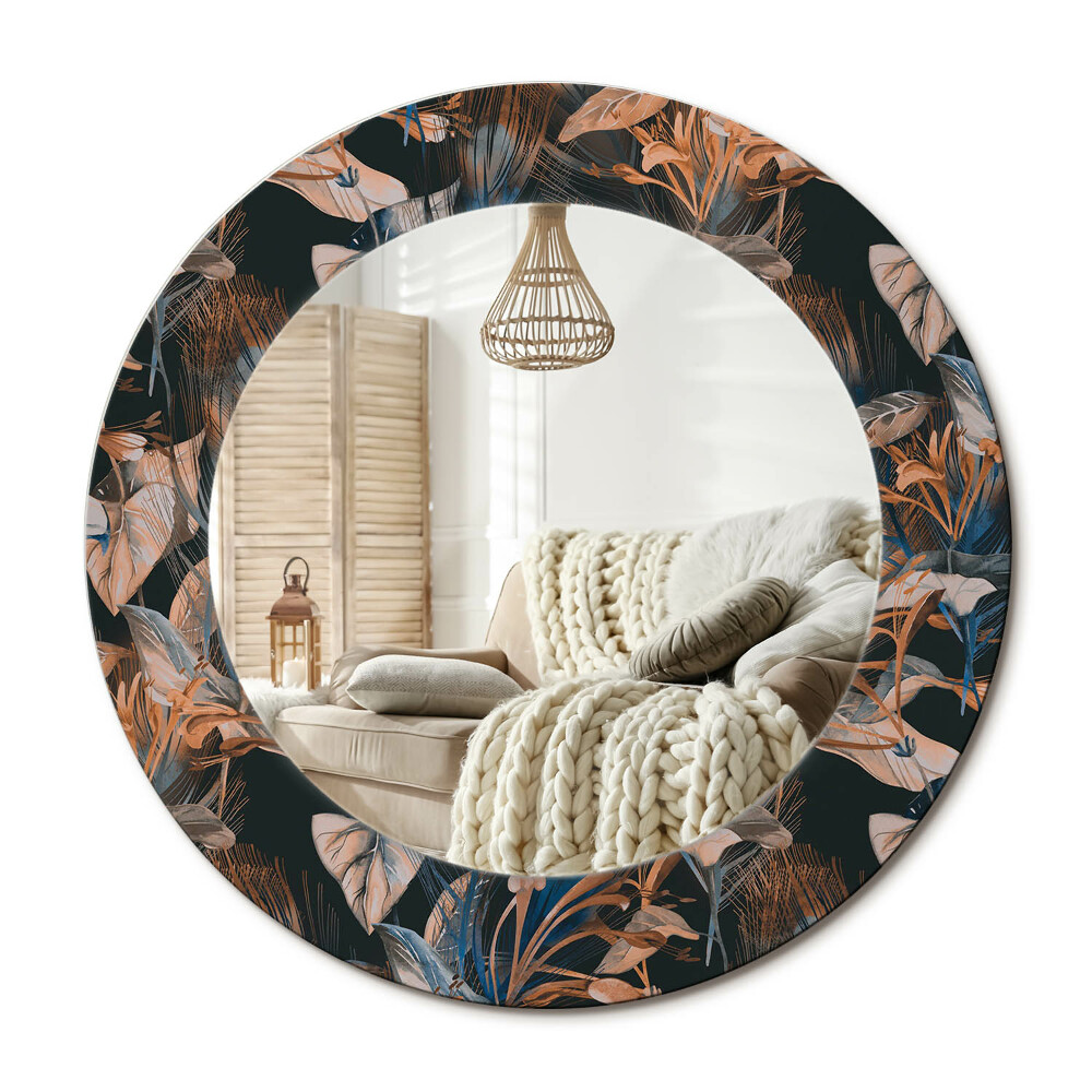 Oglinda rotunda cu rama imprimata Frunze tropicale închise la culoare