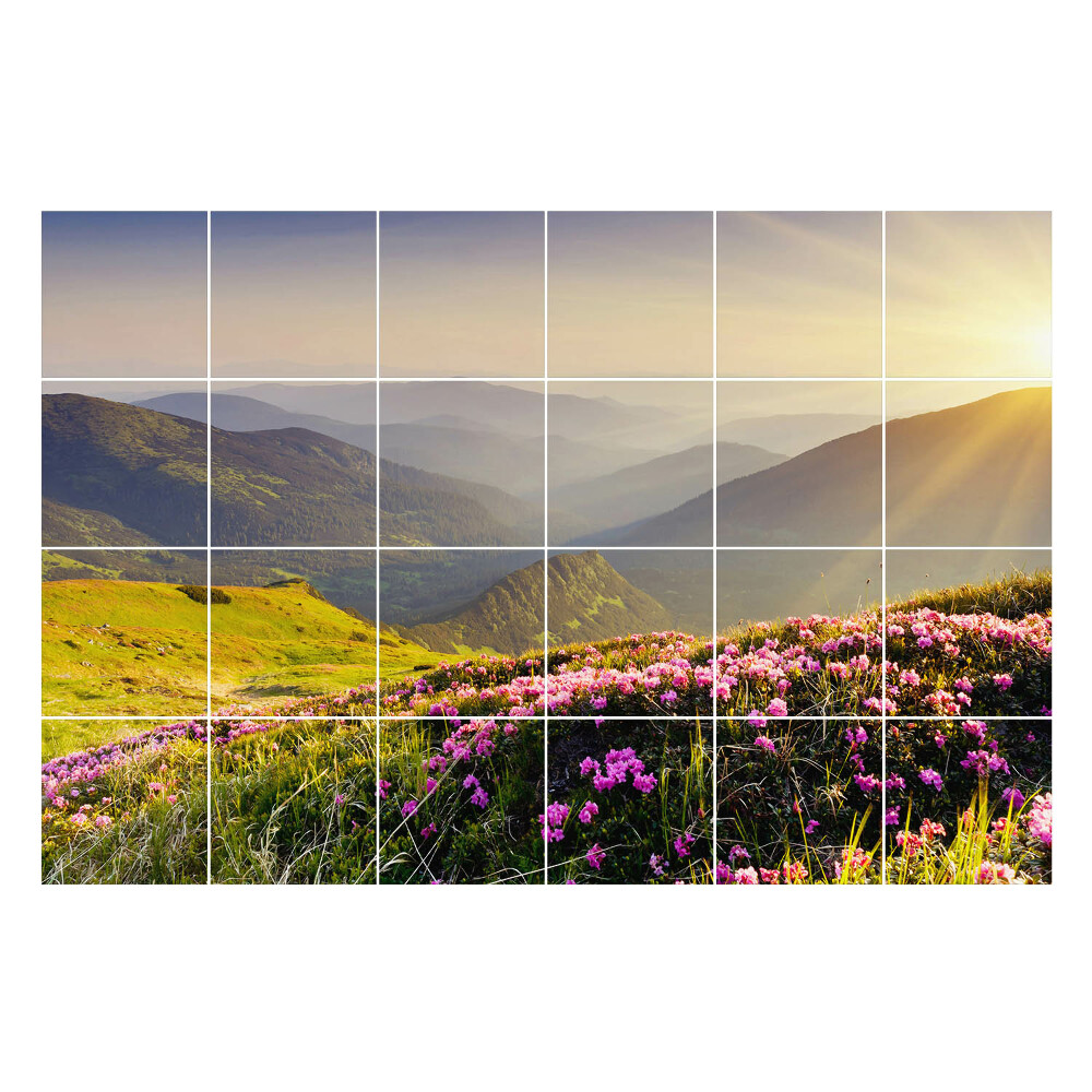 Autocolante pentru gresie Peisaj montan cu flori