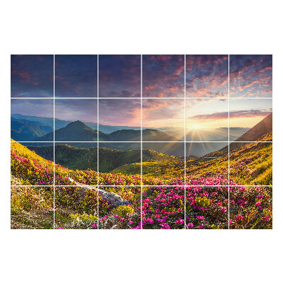 Autocolante pentru gresie Peisaj montan cu flori