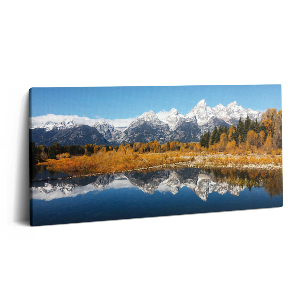 Tablou tipărite pe pânză 100x50 Lac de munte și copaci de toamnă