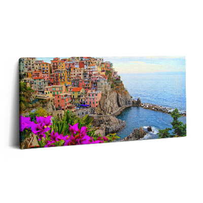 Tablou tipărite pe pânză 100x50 Flori și coasta Cinque Terre, Italia