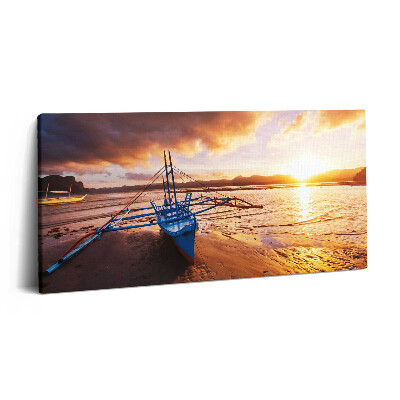 Tablou tipărite pe pânză 100x50 Barcă pe apă și apus de soare